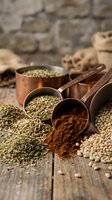 Copper measuring spoons filled with aromatic spices and herbs scattered on rustic wooden table with burlap sacks creating warm culinary atmosphere.