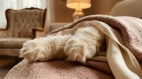 Fluffy cat paws resting on cozy knit blanket in warm living room with furniture and lamp in soft focus background for home comfort and lifestyle content.