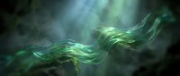 Young woman with long flowing green hair and fair complexion, ethereal fantasy character with glowing luminescent strands against dark misty background, suitable for fantasy game art, book covers, and digital design projects.