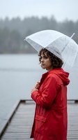 Young woman with curly brown hair wearing red raincoat holding transparent umbrella standing on wooden dock by misty lake with evergreen forest backdrop during rainfall.