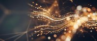 Abstract golden light waves with glowing particles and bokeh effects creating dynamic energy flow for digital technology and futuristic design concepts.