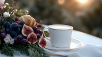 Fresh figs and purple grapes arranged with pine branches beside white coffee cup with foam on white tablecloth, soft morning light creates cozy atmosphere.