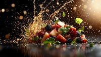 Fresh watermelon chunks with mint leaves and water splashes on dark background, dynamic food composition with flying drops and dramatic lighting.