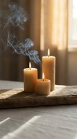 Burning candles with smoke on wooden surface near window with warm sunlight and curtains in background, creating peaceful ambiance for relaxation, meditation, or home decor.