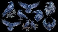 Dark blue raven clipart set with mystical designs, isolated on transparent background. Great for t-shirts, stickers, print on demand, sublimation, and witchy craft projects.