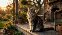 Fluffy tabby cat sitting on a rustic wooden porch at golden hour, surrounded by potted plants and a cozy stone fireplace.