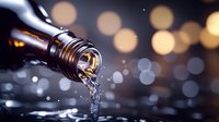 Liquid pouring from dark glass bottle with golden bokeh lights in background creating luxurious atmosphere, close up view with splash and droplets.