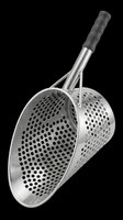 Stainless steel scoop with perforated bowl and black grip handle, isolated on transparent background. Ready for kitchen, cooking, and food service design projects, clipart, and print-on-demand products.