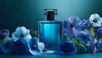 Elegant blue glass perfume bottle surrounded by delicate anemone flowers in shades of azure and turquoise against dark background, luxury fragrance concept.