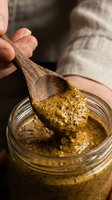 Close-up of wooden spoon lifting creamy mustard sauce from glass jar, showing texture and consistency for cooking, food preparation, and culinary applications.