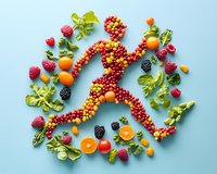 Fresh berries, citrus fruits and green leaves arranged in artistic swirl pattern on blue background. Vibrant food photography with raspberries, blackberries and kumquats.