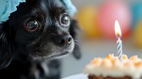 Small black chihuahua dog wearing party hat looking at birthday cake with lit candle. Pet celebration, animal birthday party concept for greeting cards.
