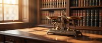 Bronze scales of justice on wooden desk in law library with books and warm sunlight streaming through window creating professional legal atmosphere.