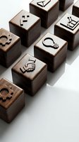 Wooden business concept blocks with carved icons including lightbulb, handshake, gear and arrow symbols on white background for corporate strategy presentations.
