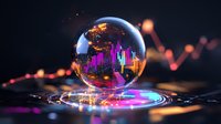 Crystal sphere reflecting colorful financial chart bars with glowing neon lights and market graph line on dark background, futuristic trading concept.