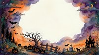 Halloween watercolor frame with pumpkins, bats, haunted house, and spooky tree, forming a border around a blank center for text or design.
