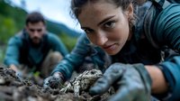 Young female Caucasian biologist in protective gloves observing wild toad in natural habitat while male researcher takes notes in background, wildlife research study.