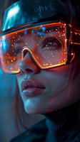 Futuristic portrait featuring high-tech visor sunglasses with glowing orange circuit patterns, dramatic neon lighting creating cyberpunk atmosphere perfect for tech and fashion projects.