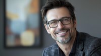 Confident mature Caucasian businessman with glasses and grey hair smiling warmly at camera. Professional corporate portrait showing success and leadership.
