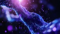 Glowing blue and purple particles forming dynamic wave patterns against dark background with light effects and bokeh, creating cosmic abstract design.
