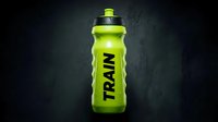 Bright neon yellow sports water bottle with black cap and TRAIN text, isolated on dark background for fitness, hydration, and athletic beverage packaging design.