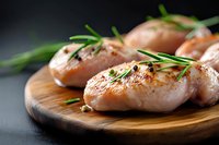 Raw chicken breast fillets seasoned with fresh rosemary and spices on wooden cutting board against dark background, close up view of fresh poultry meat.