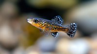 Colorful male killifish swimming in aquarium, spotted orange and blue pattern on scales with detailed fins against blurred natural background.