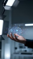 Hand holding glowing digital brain with neural network connections in modern office setting, representing artificial intelligence, machine learning, and technology innovation for business solutions.