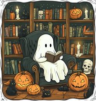 Cozy ghost reading book in vintage armchair surrounded by jack o lanterns, black cats, skulls and candlelit bookshelf in spooky Halloween library setting.