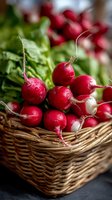 Fresh red radishes with green leaves in wicker basket at farmers market. Organic root vegetables harvest for healthy cooking and nutrition concepts.