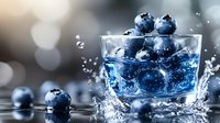 Fresh blueberries splashing in clear water with dramatic water drops and bokeh background creating dynamic motion and refreshing summer mood.