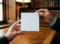 Senior man with light skin tone holding blank white card in both hands at wooden desk in library setting with books and lamp, suitable for mockups and presentations.