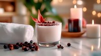 Creamy white smoothie garnished with fresh berries and pink flower in glass, spa setting with candles and white towel, soft bokeh background.