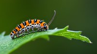Orange and black spotted caterpillar crawling on fresh green leaf edge with morning dew drops against dark natural background. Macro nature photography.