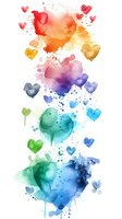 Vibrant watercolor hearts in rainbow gradient colors with splatter effects on white background, flowing from warm orange to cool blue tones. Romantic art for cards.