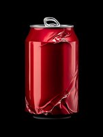 Crushed red aluminum beverage can against black background showing damage and dents in metallic surface, dramatic studio lighting highlights texture and reflections.