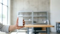 Hand holding blank white box in modern kitchen interior with natural light from window and blurred cabinetry background, suitable for product packaging mockups and branding.