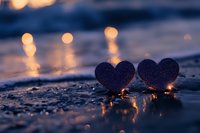 Two black glittery hearts on wet sand beach at sunset with warm bokeh lights reflecting in water creating romantic atmosphere for Valentine's Day celebrations.