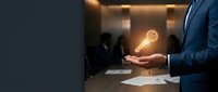 Professional businessman in dark suit holding glowing lightbulb symbol representing innovation and creative ideas in modern office environment.