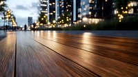 Wooden deck perspective with blurred city lights at dusk. Urban boardwalk surface for product placement and commercial design projects.