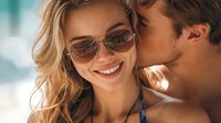 Young Caucasian woman with sunglasses smiling while man whispers in her ear, intimate romantic moment captured in warm sunlight with soft bokeh background.