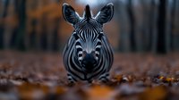 Zebra standing in autumn forest with fallen leaves, facing camera with alert expression and blurred trees in background.