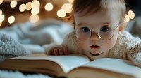 Toddler boy wearing glasses reading book with warm bokeh lights in background, cozy learning environment for children's education and literacy concepts.