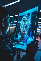 Digital facial recognition scan displayed on transparent screen with blue holographic wireframe mapping in dark environment with neon lighting effects.