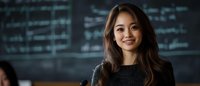 Young Asian female professional smiling confidently in modern office environment with blurred chalkboard background, wearing black sweater, natural makeup and long dark hair.