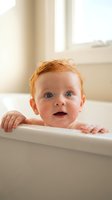 Adorable redhead baby with blue eyes peeking over white bathtub edge during bath time in bright bathroom with natural window light.