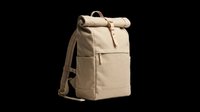 Beige canvas roll-top backpack with padded straps, isolated on transparent background. Ready for t-shirt designs, clipart, stickers, and print-on-demand products.