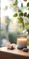 Glowing candle in glass holder with healing crystals and zen stones on wooden surface against soft bokeh background of green leaves and sunlight.