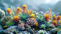 Colorful succulent garden with vibrant orange flowers and teal echeveria plants growing among rocks, creating magical miniature landscape in soft dreamy light.