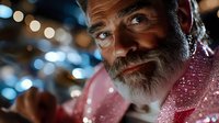 Mature bearded man in red glittery costume smiling warmly against blurred festive bokeh lights background, creating magical holiday atmosphere for seasonal celebrations.